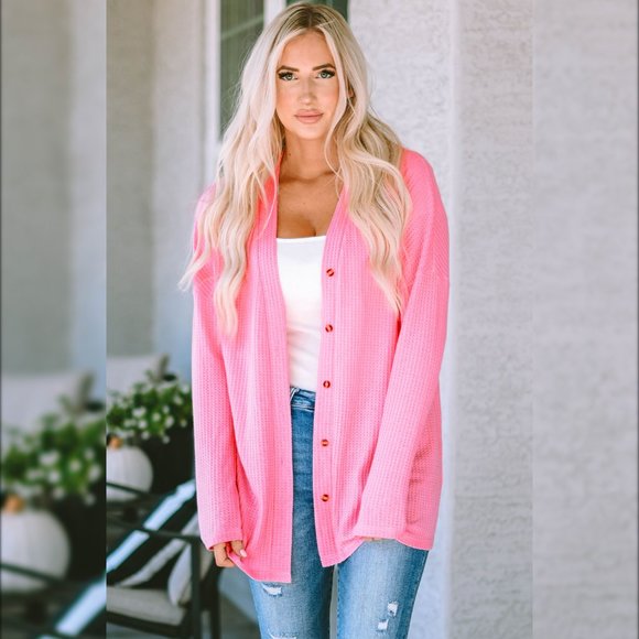 Pink Waffle Knit Dropped Shoulder Cardigan - Picture 1 of 7